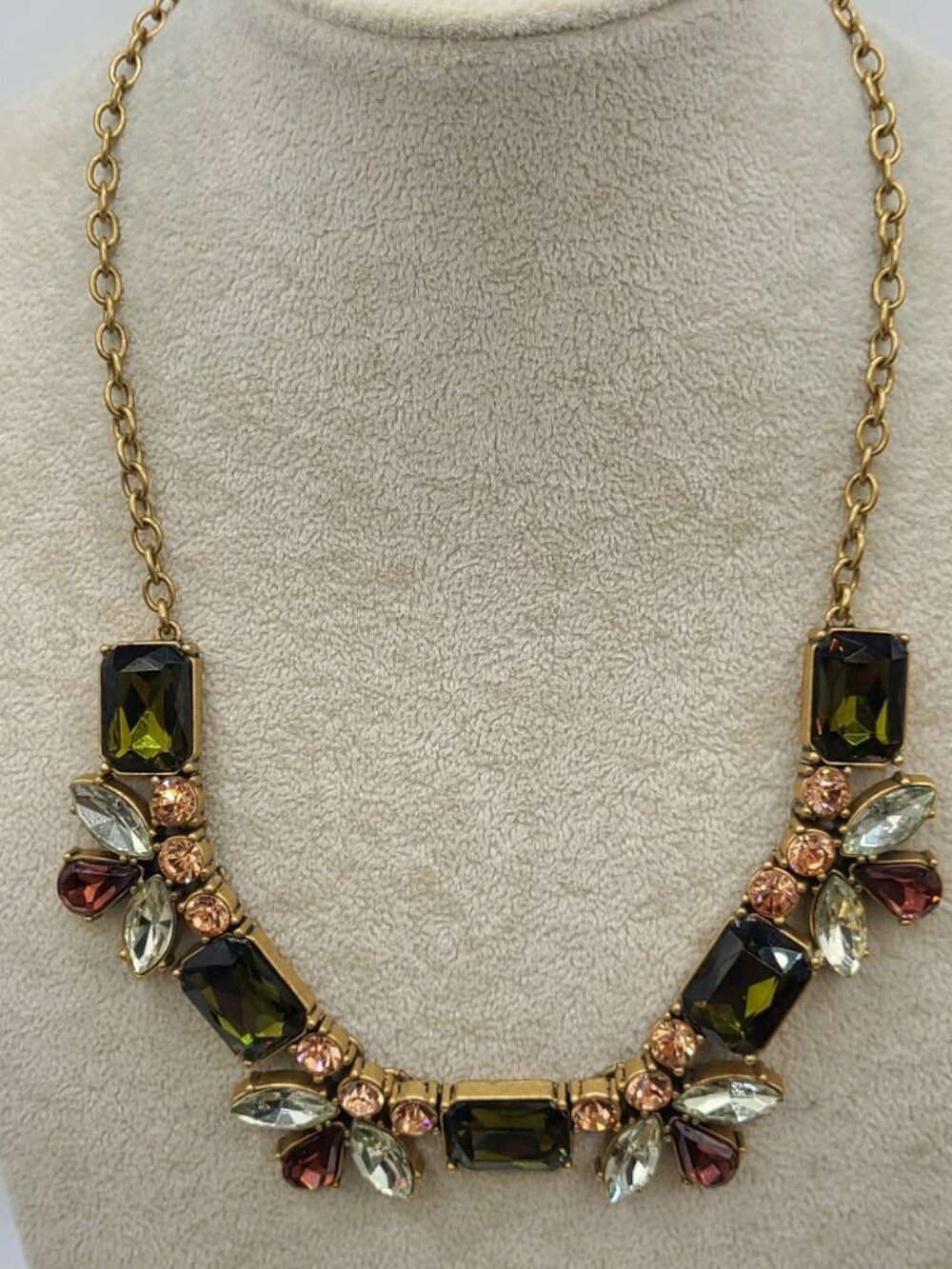 J Crew Vintage Gold Tone Necklace with Green Gold Clear Crystals